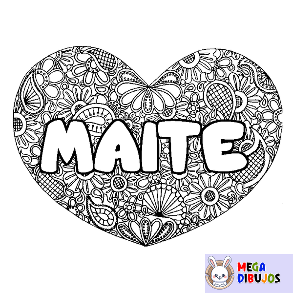 Coloraci&oacute;n del nombre MAITE - decorado mandala de coraz&oacute;n