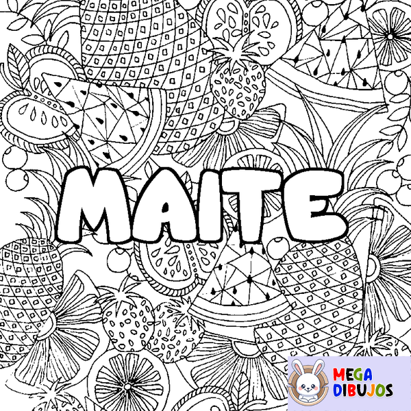 Coloraci&oacute;n del nombre MAITE - decorado mandala de frutas