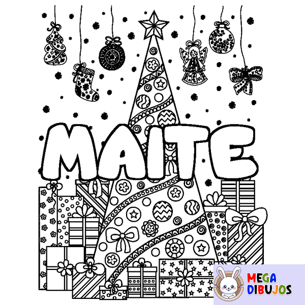Coloraci&oacute;n del nombre MAITE - decorado &aacute;rbol de Navidad y regalos