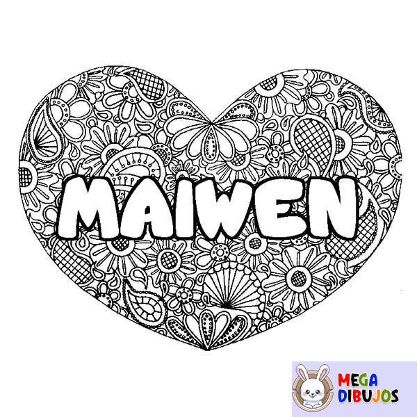 Coloraci&oacute;n del nombre MAIWEN - decorado mandala de coraz&oacute;n