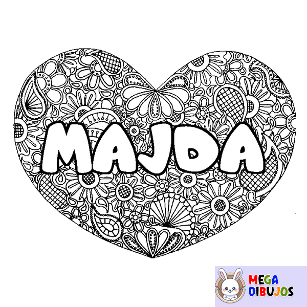 Coloraci&oacute;n del nombre MAJDA - decorado mandala de coraz&oacute;n