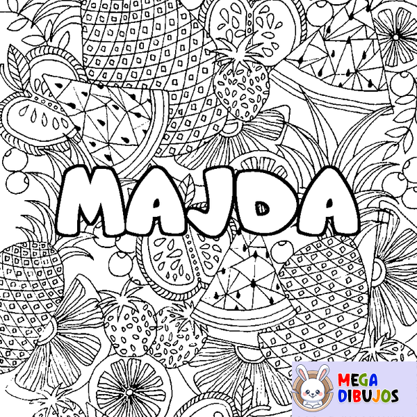 Coloraci&oacute;n del nombre MAJDA - decorado mandala de frutas