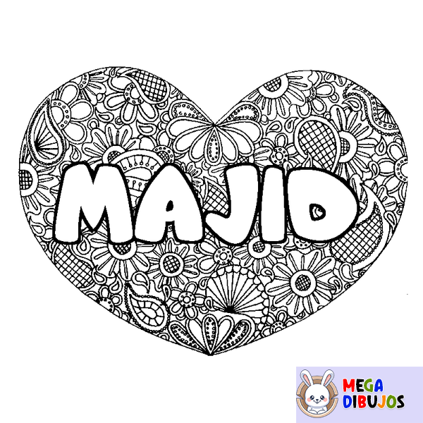 Coloraci&oacute;n del nombre MAJID - decorado mandala de coraz&oacute;n