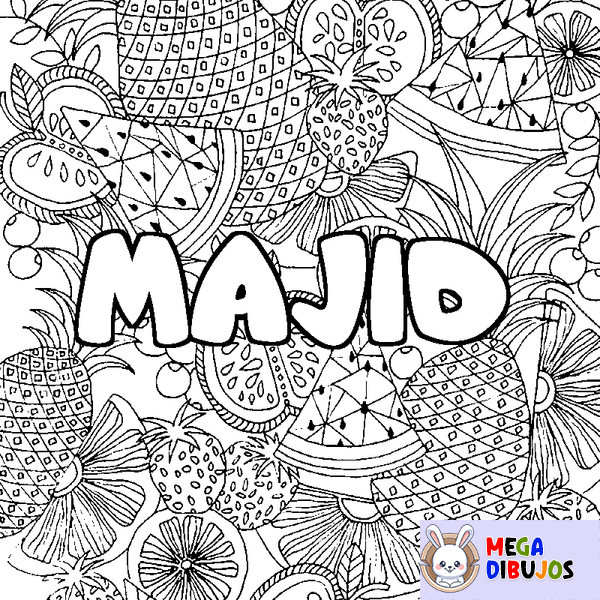 Coloraci&oacute;n del nombre MAJID - decorado mandala de frutas