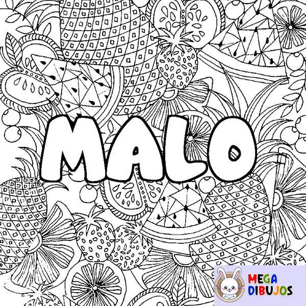 Coloraci&oacute;n del nombre MALO - decorado mandala de frutas