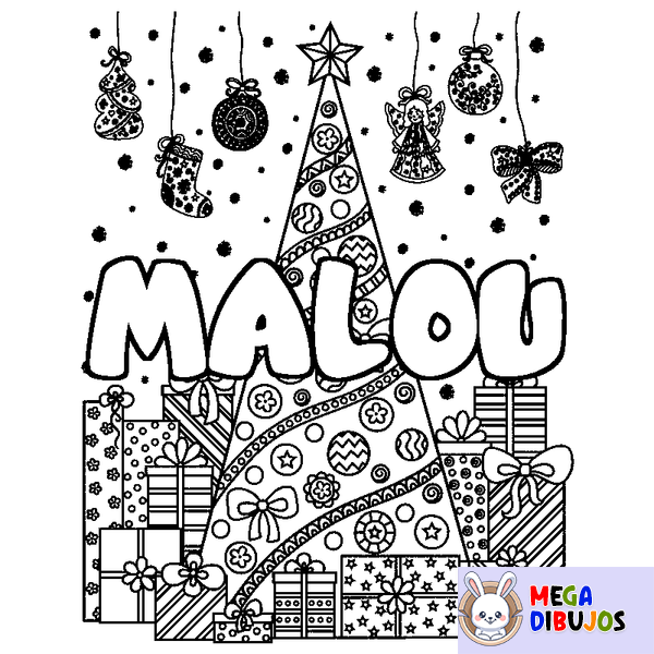 Coloraci&oacute;n del nombre MALOU - decorado &aacute;rbol de Navidad y regalos