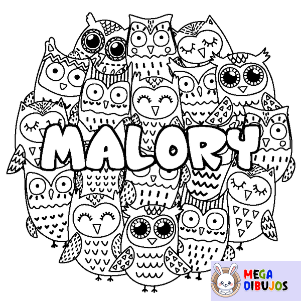 Coloraci&oacute;n del nombre MALORY - decorado b&uacute;hos