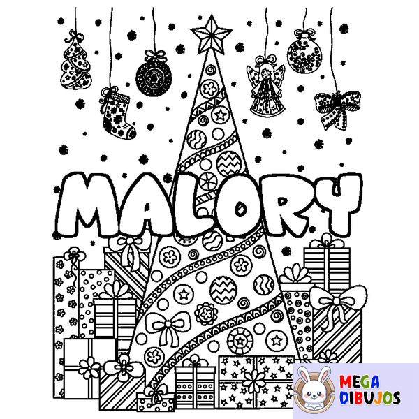 Coloraci&oacute;n del nombre MALORY - decorado &aacute;rbol de Navidad y regalos