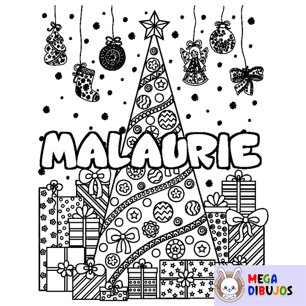 Coloraci&oacute;n del nombre MALAURIE - decorado &aacute;rbol de Navidad y regalos