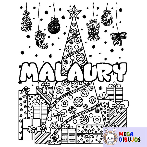 Coloraci&oacute;n del nombre MALAURY - decorado &aacute;rbol de Navidad y regalos