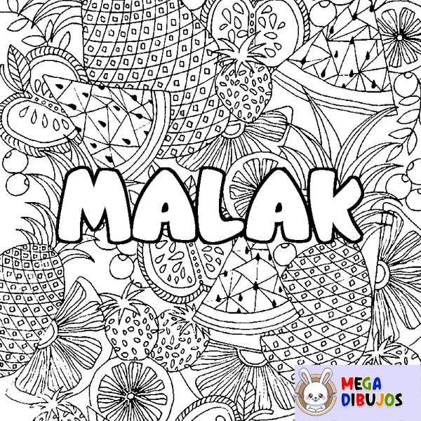 Coloraci&oacute;n del nombre MALAK - decorado mandala de frutas
