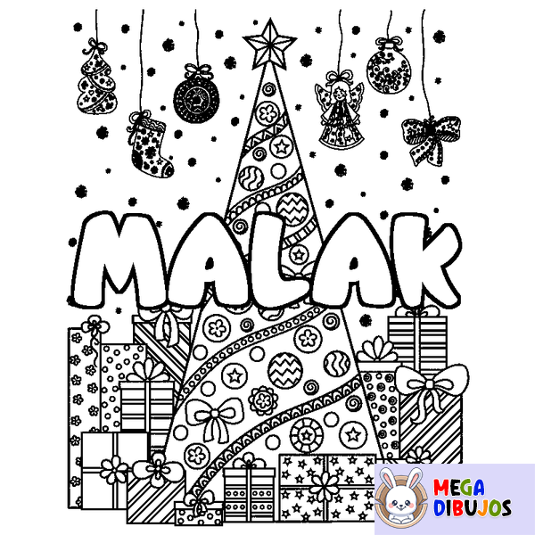 Coloraci&oacute;n del nombre MALAK - decorado &aacute;rbol de Navidad y regalos