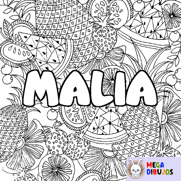 Coloraci&oacute;n del nombre MALIA - decorado mandala de frutas