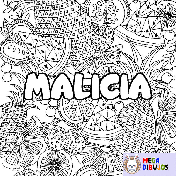 Coloraci&oacute;n del nombre MALICIA - decorado mandala de frutas