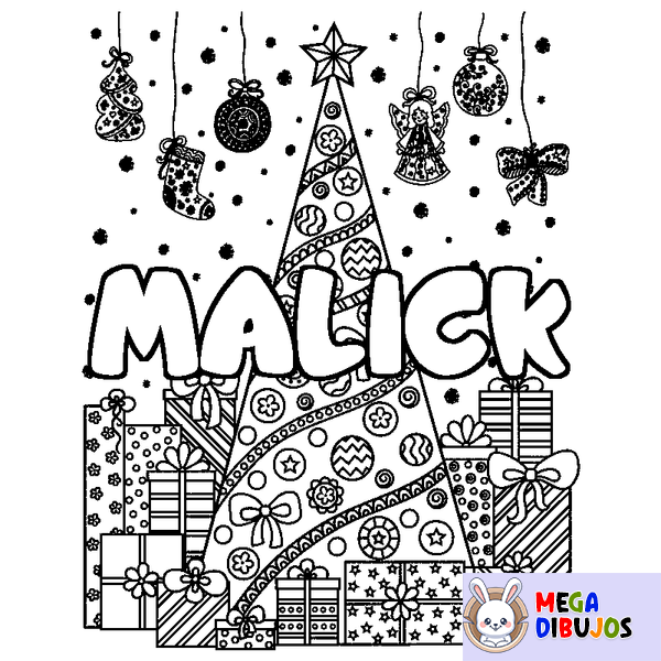 Coloraci&oacute;n del nombre MALICK - decorado &aacute;rbol de Navidad y regalos