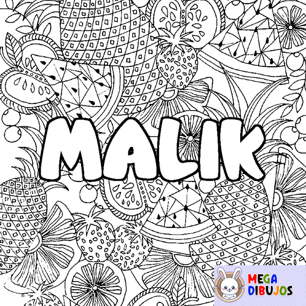 Coloraci&oacute;n del nombre MALIK - decorado mandala de frutas