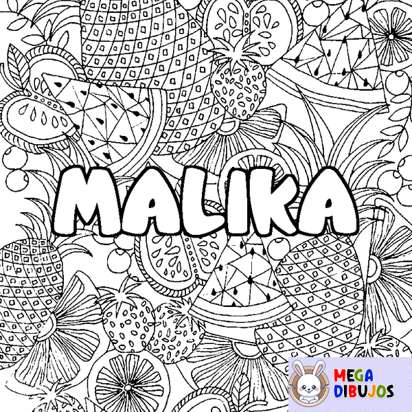 Coloraci&oacute;n del nombre MALIKA - decorado mandala de frutas