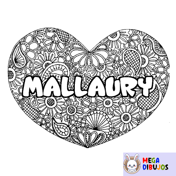 Coloraci&oacute;n del nombre MALLAURY - decorado mandala de coraz&oacute;n