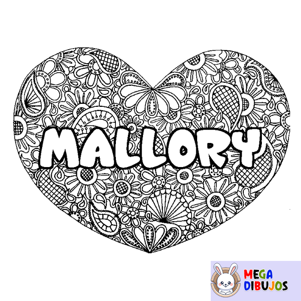 Coloraci&oacute;n del nombre MALLORY - decorado mandala de coraz&oacute;n