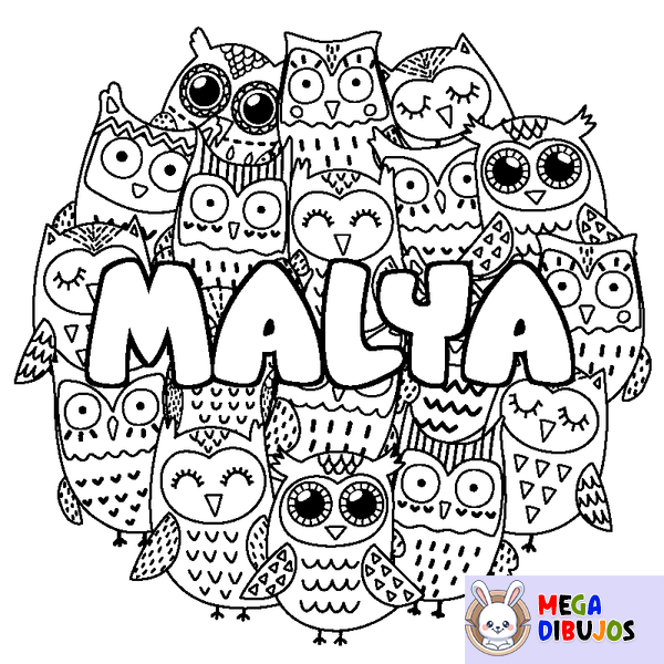 Coloraci&oacute;n del nombre MALYA - decorado b&uacute;hos