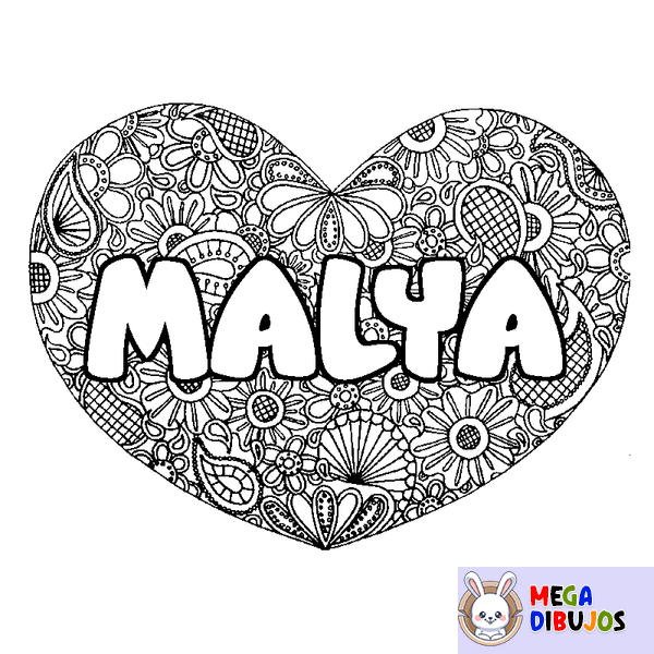 Coloraci&oacute;n del nombre MALYA - decorado mandala de coraz&oacute;n