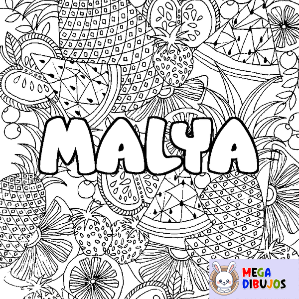 Coloraci&oacute;n del nombre MALYA - decorado mandala de frutas