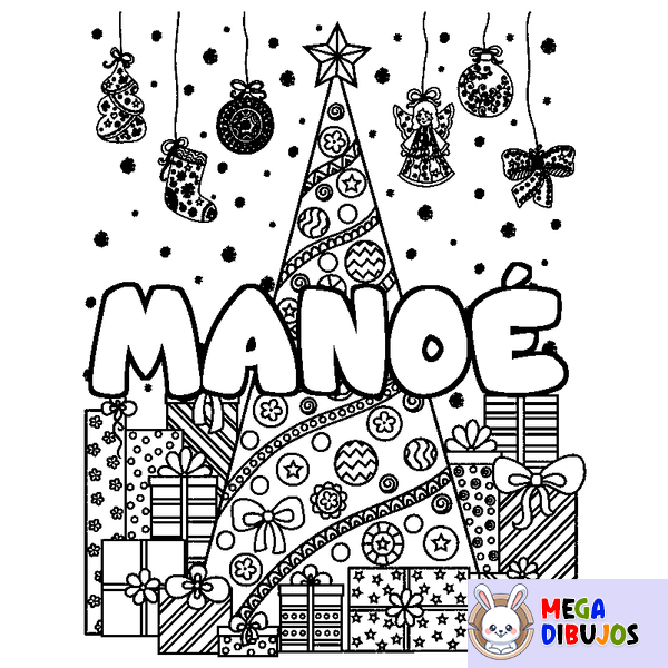 Coloraci&oacute;n del nombre MANO&Eacute; - decorado &aacute;rbol de Navidad y regalos
