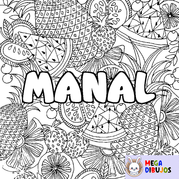 Coloraci&oacute;n del nombre MANAL - decorado mandala de frutas
