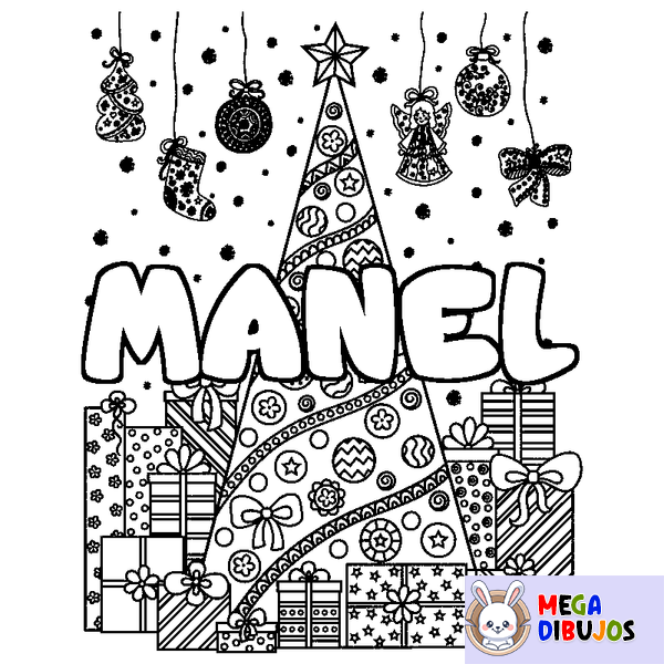 Coloraci&oacute;n del nombre MANEL - decorado &aacute;rbol de Navidad y regalos