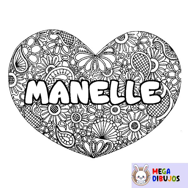 Coloraci&oacute;n del nombre MANELLE - decorado mandala de coraz&oacute;n