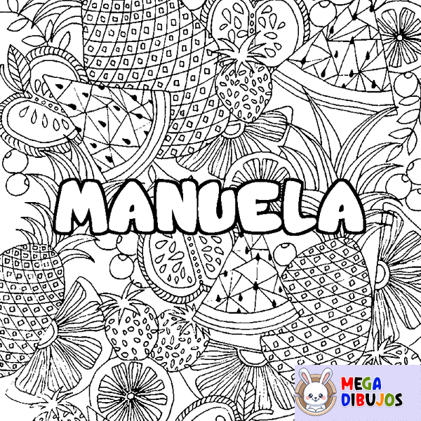 Coloraci&oacute;n del nombre MANUELA - decorado mandala de frutas