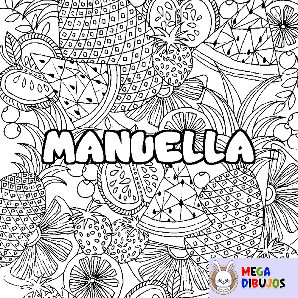 Coloraci&oacute;n del nombre MANUELLA - decorado mandala de frutas