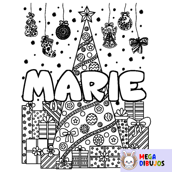 Coloraci&oacute;n del nombre MARIE - decorado &aacute;rbol de Navidad y regalos
