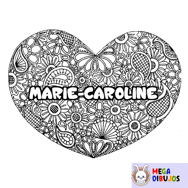 Coloraci&oacute;n del nombre MARIE-CAROLINE - decorado mandala de coraz&oacute;n