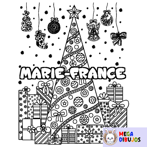 Coloraci&oacute;n del nombre MARIE-FRANCE - decorado &aacute;rbol de Navidad y regalos