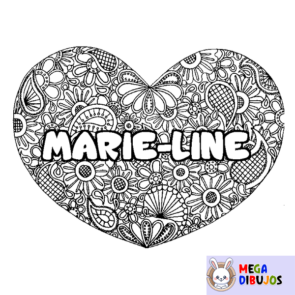 Coloraci&oacute;n del nombre MARIE-LINE - decorado mandala de coraz&oacute;n