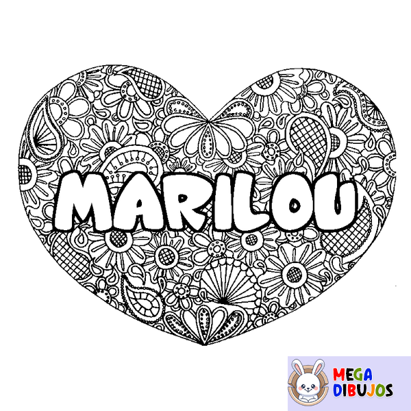 Coloraci&oacute;n del nombre MARILOU - decorado mandala de coraz&oacute;n