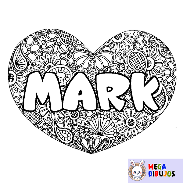 Coloraci&oacute;n del nombre MARK - decorado mandala de coraz&oacute;n