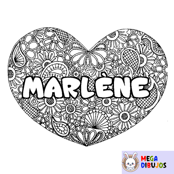Coloraci&oacute;n del nombre MARL&Egrave;NE - decorado mandala de coraz&oacute;n
