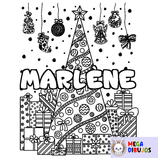 Coloraci&oacute;n del nombre MARL&Egrave;NE - decorado &aacute;rbol de Navidad y regalos