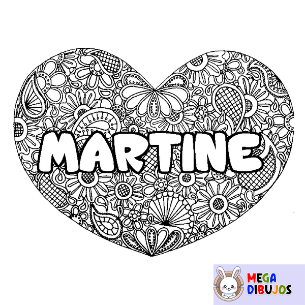Coloraci&oacute;n del nombre MARTINE - decorado mandala de coraz&oacute;n