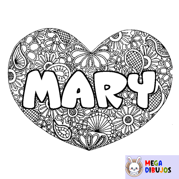 Coloraci&oacute;n del nombre MARY - decorado mandala de coraz&oacute;n