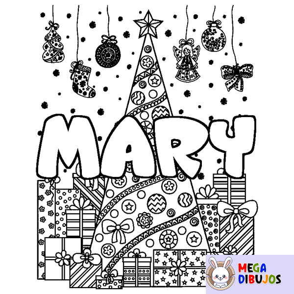 Coloraci&oacute;n del nombre MARY - decorado &aacute;rbol de Navidad y regalos