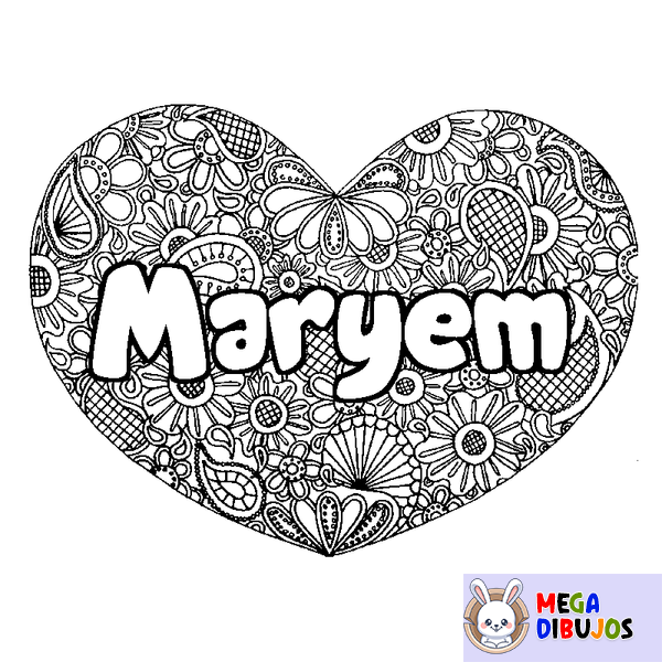 Coloraci&oacute;n del nombre Maryem - decorado mandala de coraz&oacute;n