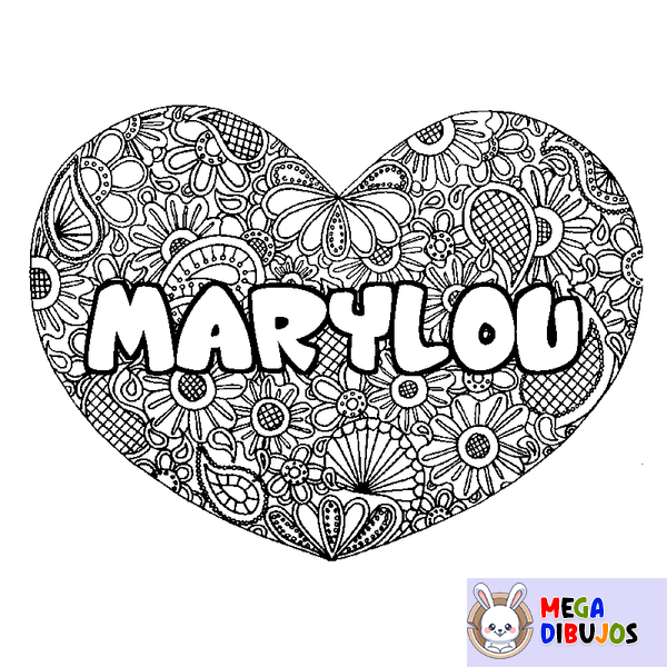 Coloraci&oacute;n del nombre MARYLOU - decorado mandala de coraz&oacute;n