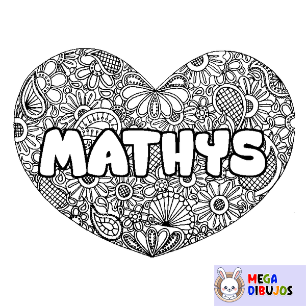 Coloraci&oacute;n del nombre MATHYS - decorado mandala de coraz&oacute;n