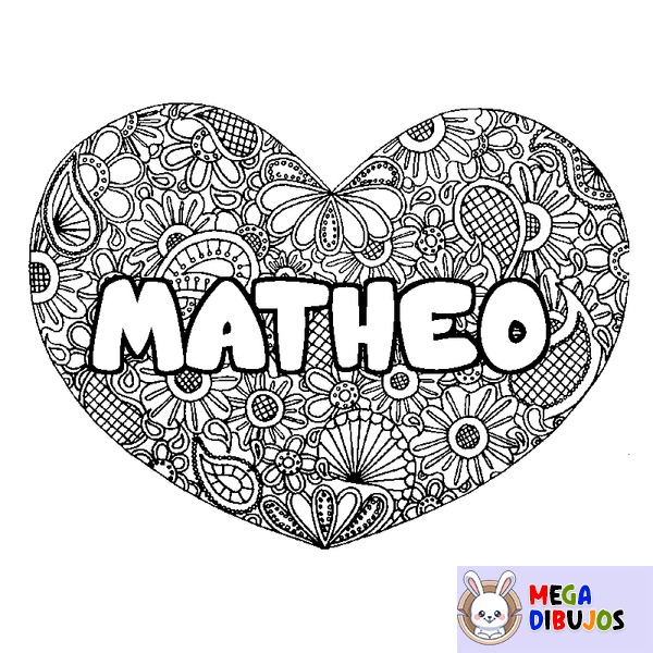 Coloraci&oacute;n del nombre MATHEO - decorado mandala de coraz&oacute;n