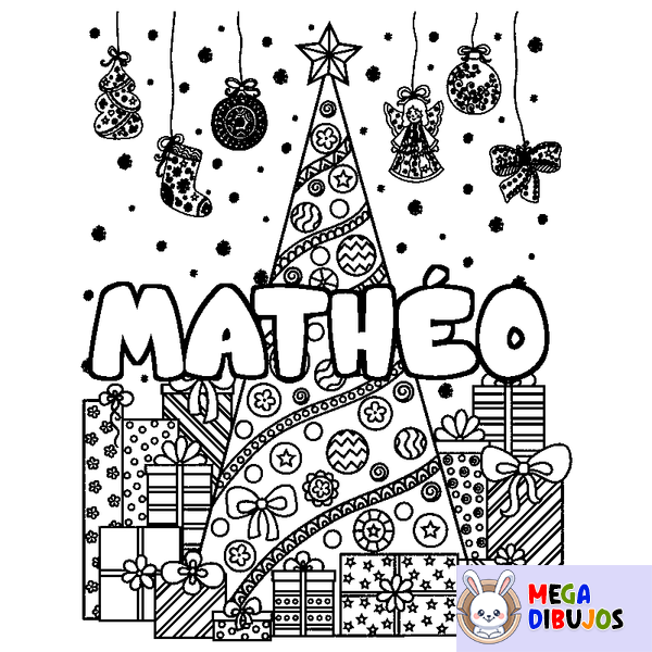 Coloraci&oacute;n del nombre MATH&Eacute;O - decorado &aacute;rbol de Navidad y regalos