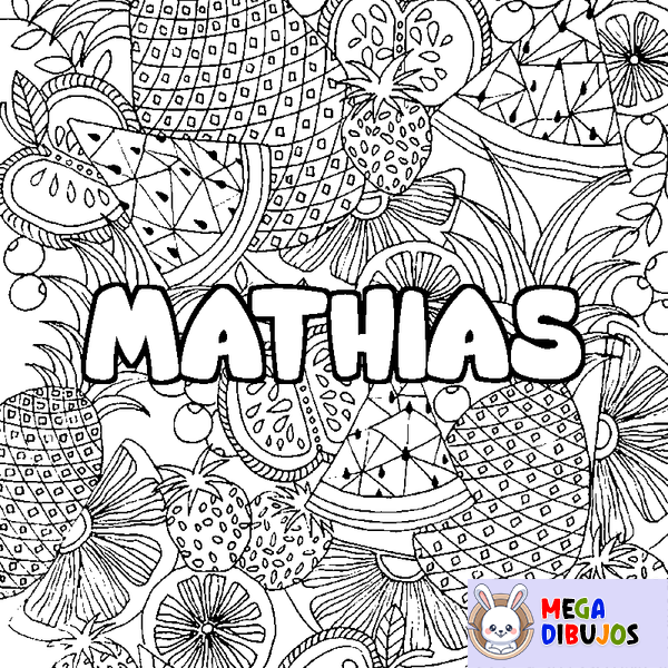 Coloraci&oacute;n del nombre MATHIAS - decorado mandala de frutas