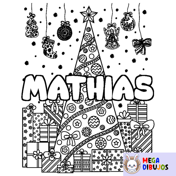Coloraci&oacute;n del nombre MATHIAS - decorado &aacute;rbol de Navidad y regalos